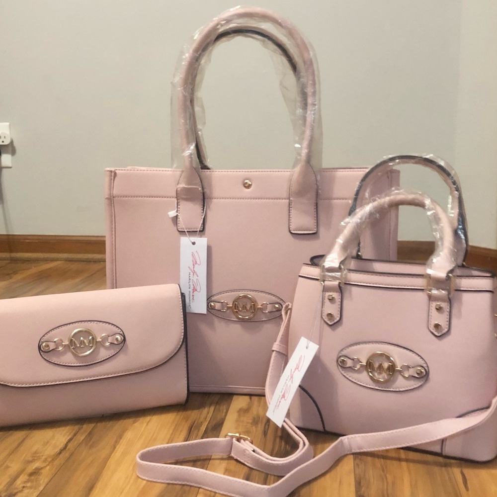 🌹🍃New Marilyn Monroe 3-Piece Pale Pink Leather Large Tote, Satchel & Clutch Set - Picture 2 of 13